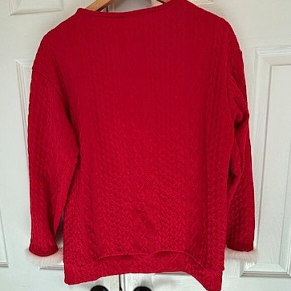 Red Sweater With White Faux Fur Collar and Cuffs, Size Medium - Picture 5 of 8